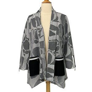 IC by Connie K Open Front Jacket Topper Black White Ribbed Pockets Artsy Size M